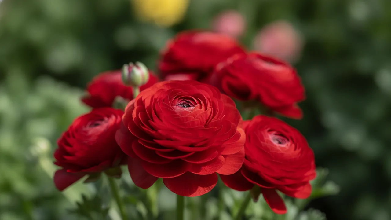 Red Ranunculus (Ranunculus asiaticus) - red flowers, illustrated plant card
