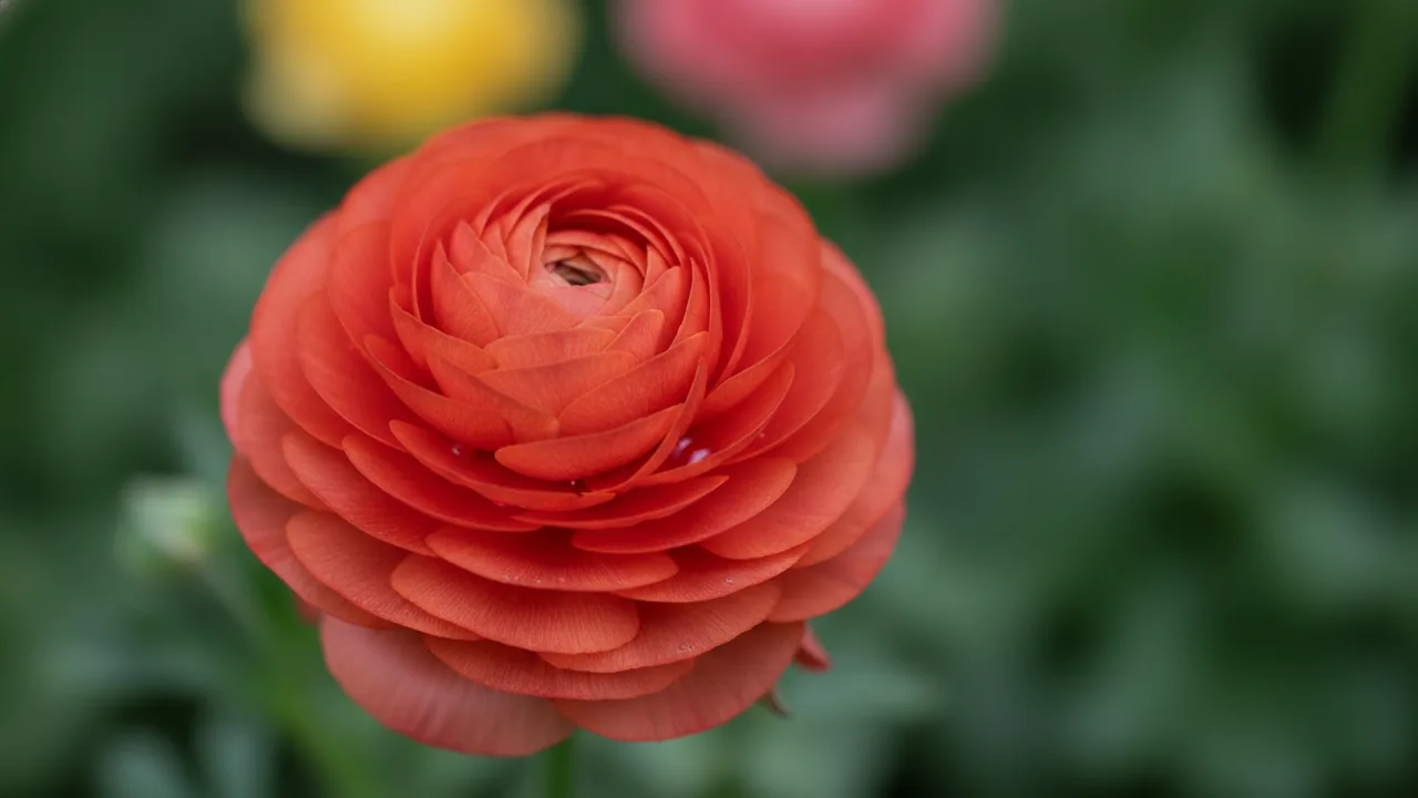 Salmon Ranunculus (Ranunculus asiaticus) - pink flowers, illustrated plant card