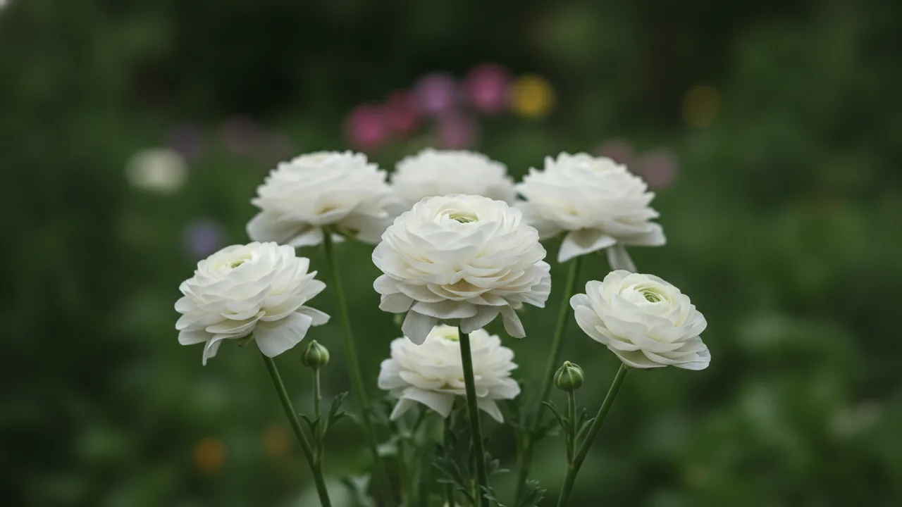 White Ranunculus (Ranunculus asiaticus) - white flowers, illustrated plant card
