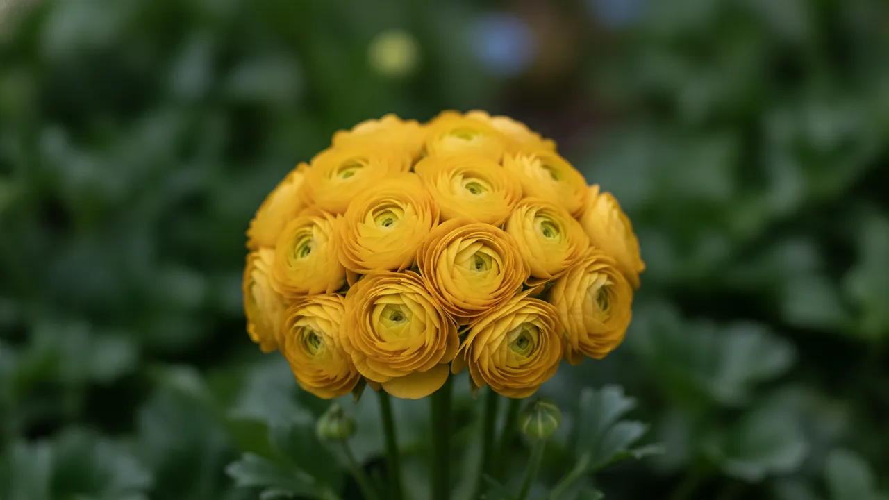 Yellow Ranunculus (Ranunculus asiaticus) - yellow flowers, illustrated plant card