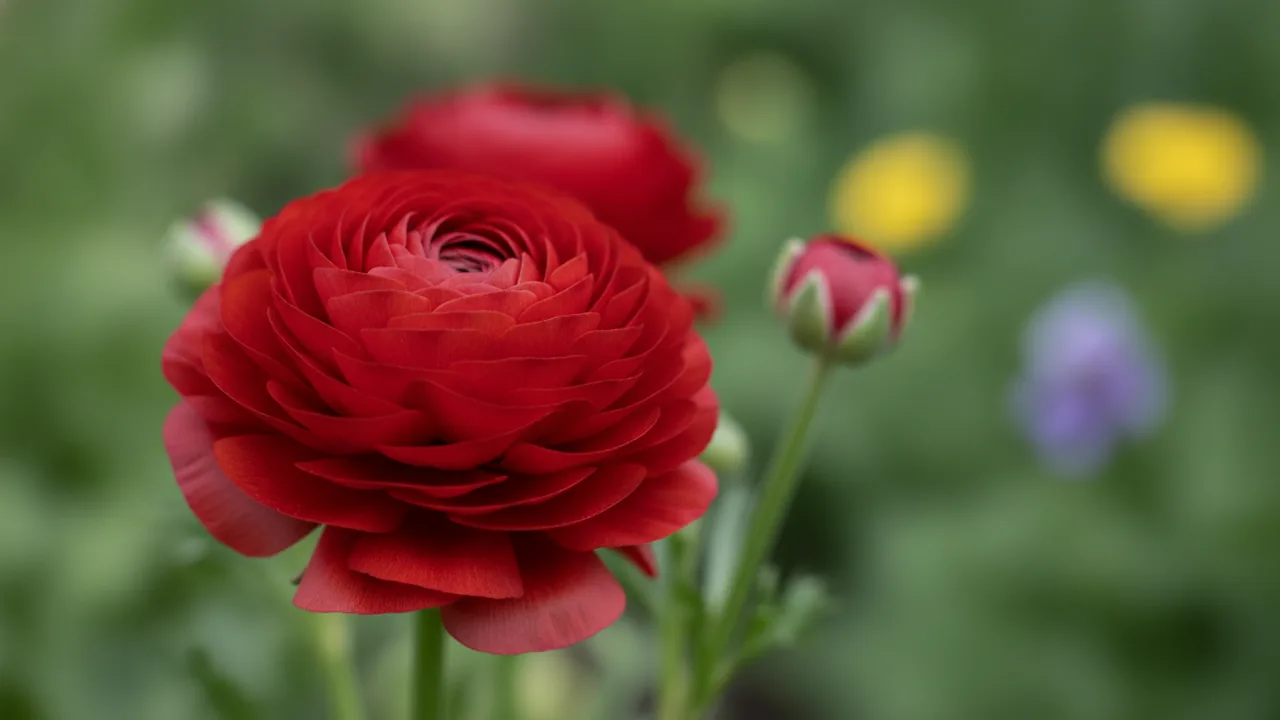 Ranunculus (Ranunculus asiaticus) - orange flowers, illustrated plant card