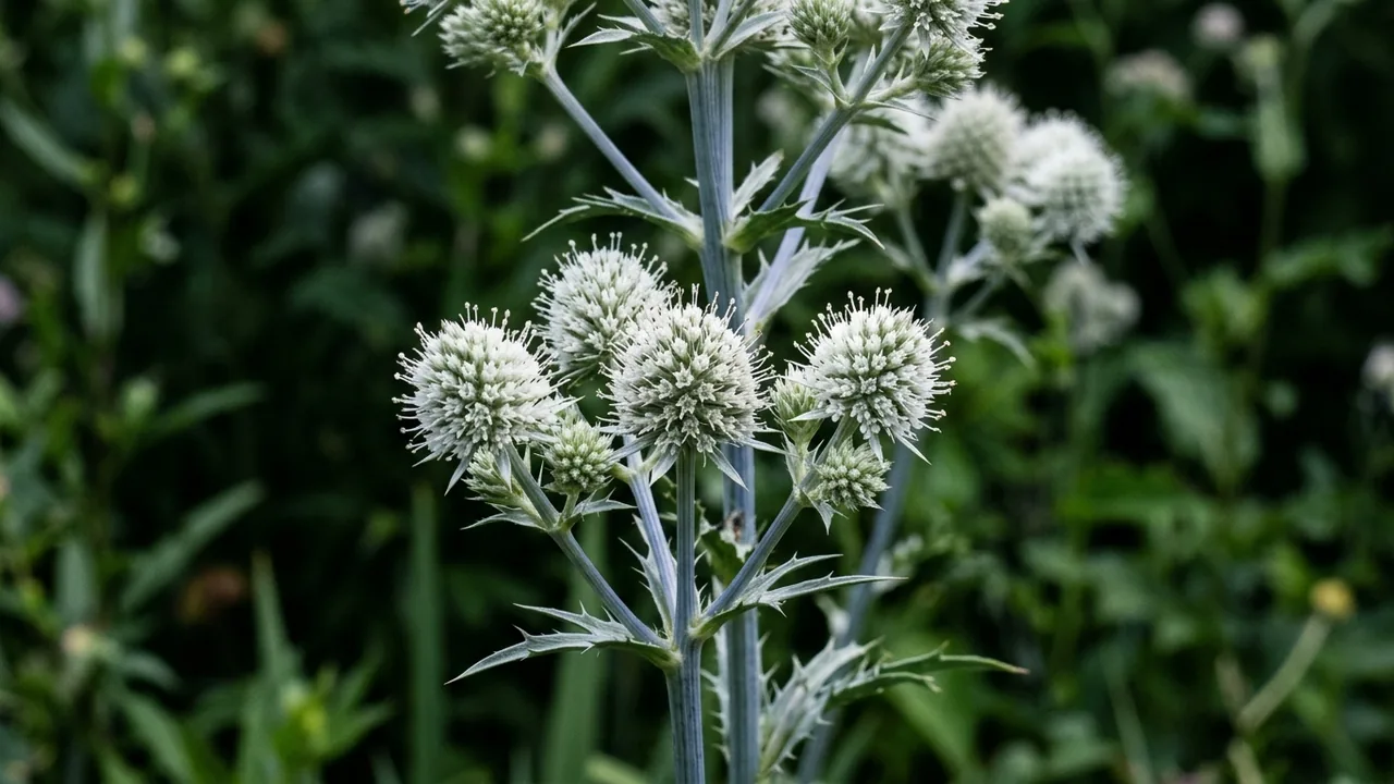 Rattlesnake Master (Eryngium yuccifolium) - white flowers, illustrated plant card