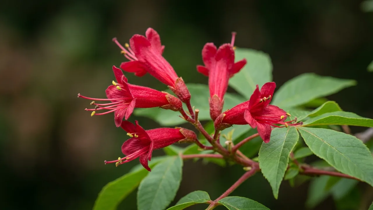 Red Buckeye (Aesculus pavia) - red flowers, illustrated plant card