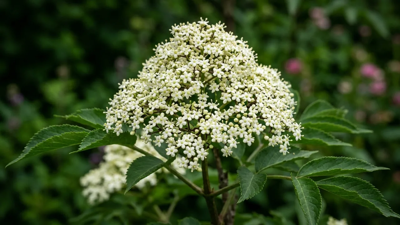 Red Elderberry (Sambucus racemosa) - white flowers, illustrated plant card
