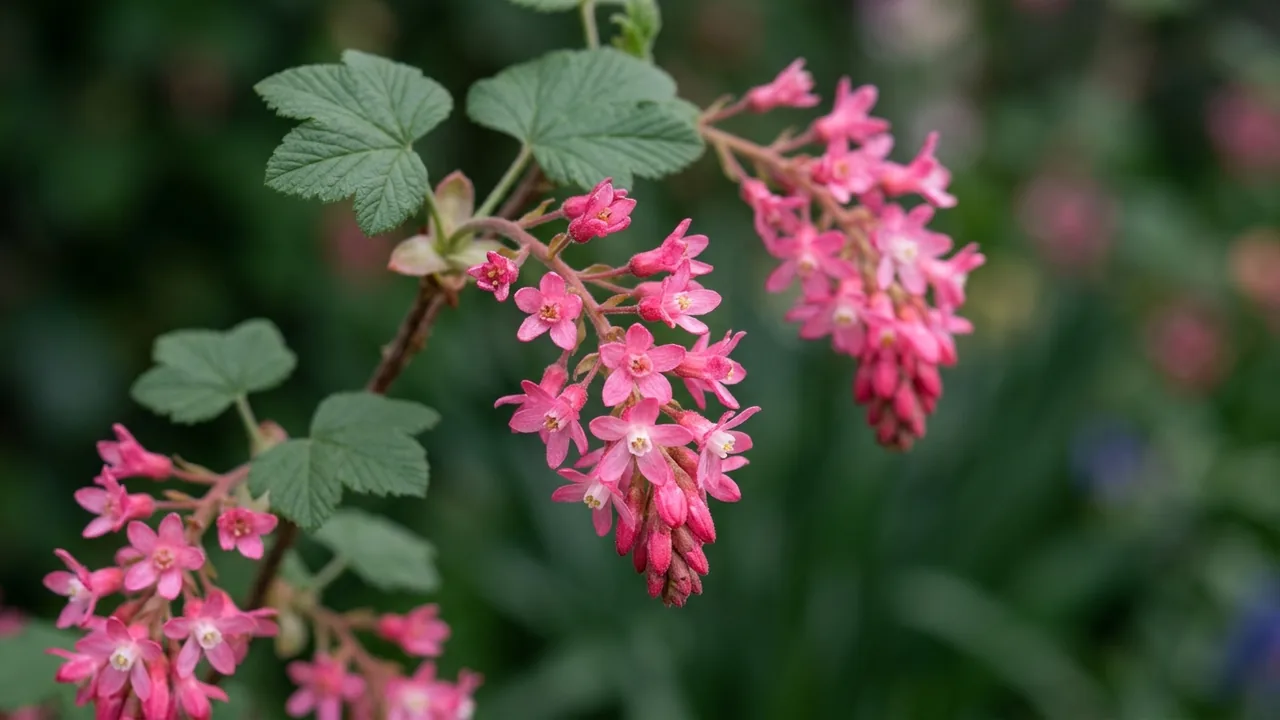 Redflower Currant (Ribes sanguineum) - pink flowers, illustrated plant card