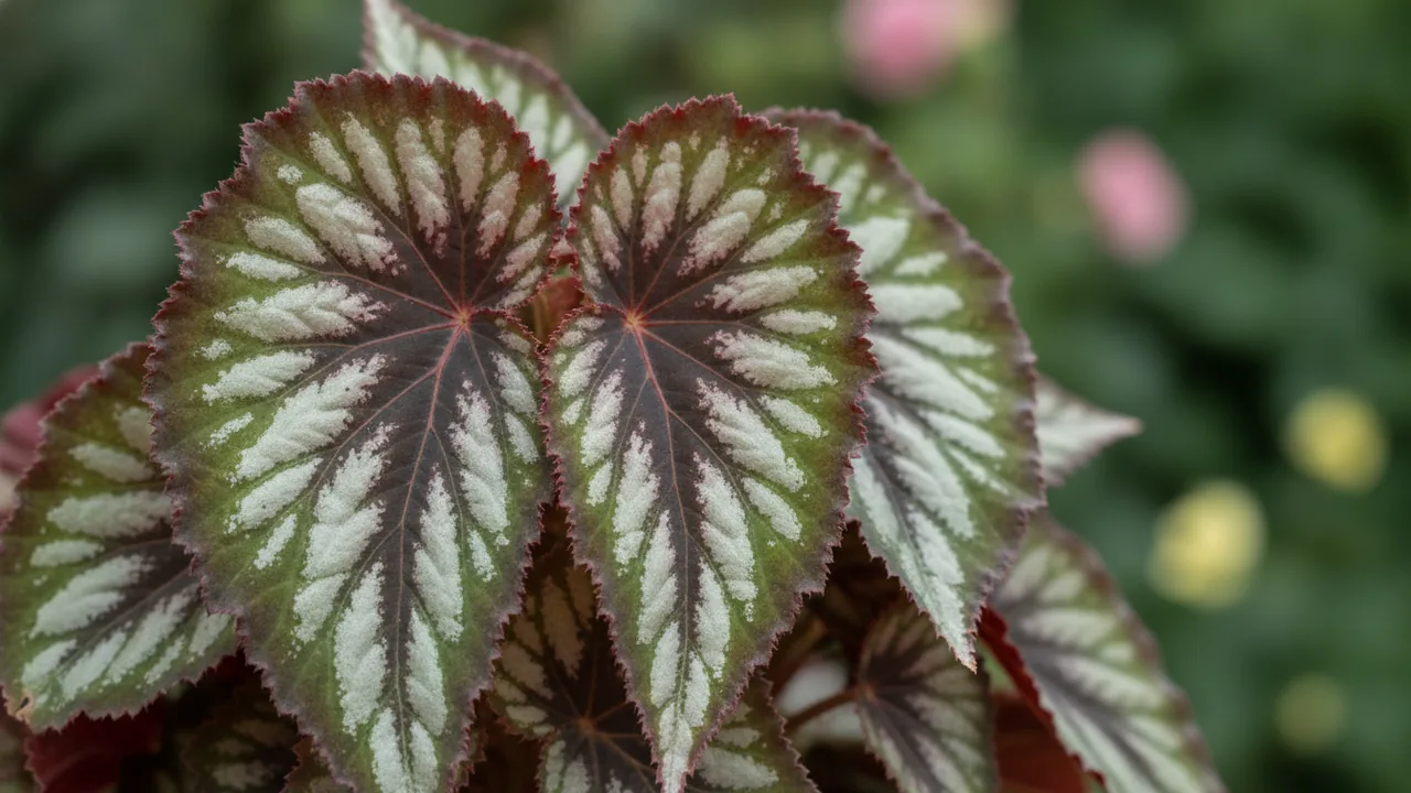 Raspberry Swirl Rex Begonia (Begonia rex 'Raspberry Swirl') - foliage plant, illustrated plant card