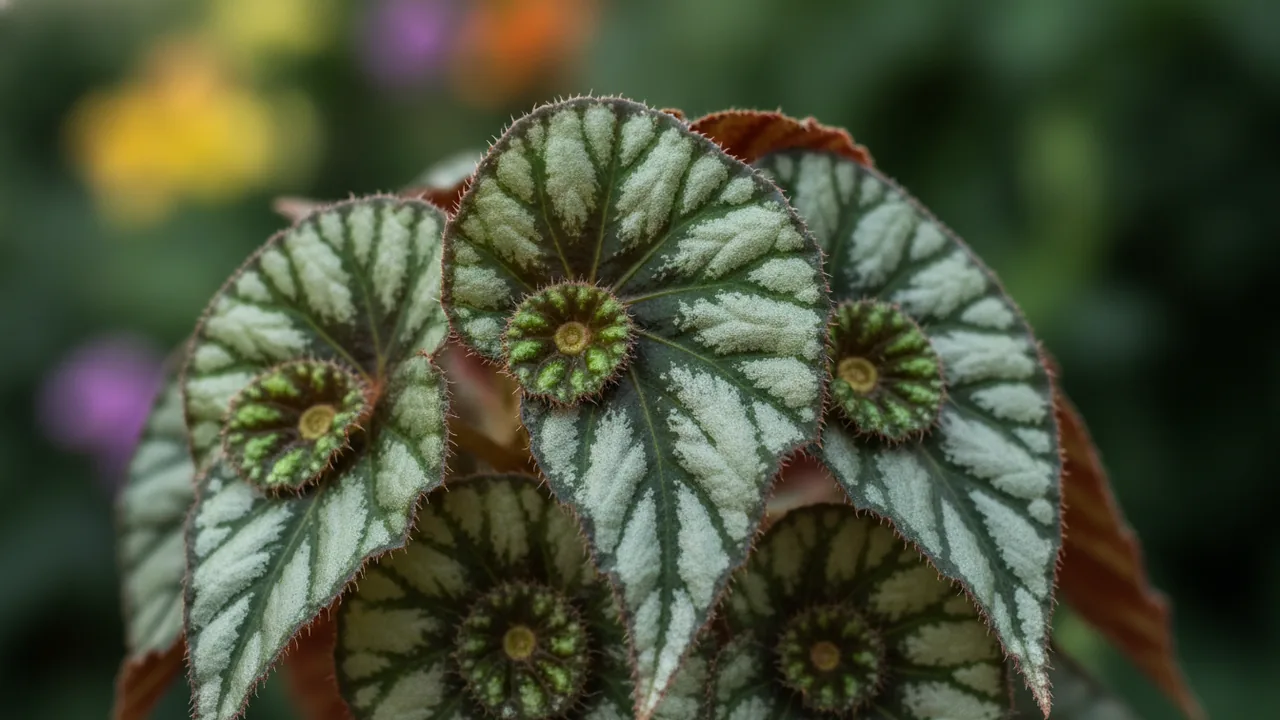 Escargot Rex Begonia (Begonia rex 'Escargot') - foliage plant, illustrated plant card