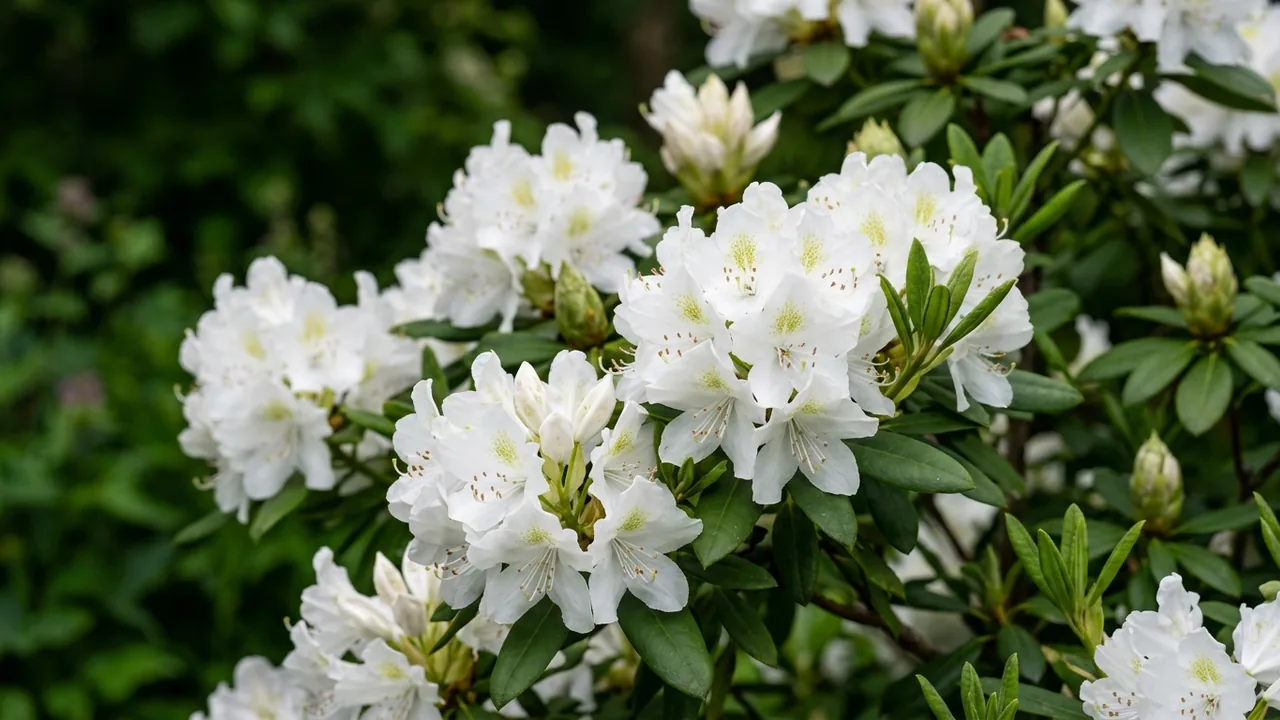 Album Rhododendron (Rhododendron 'Catawbiense Album') - white flowers, illustrated plant card