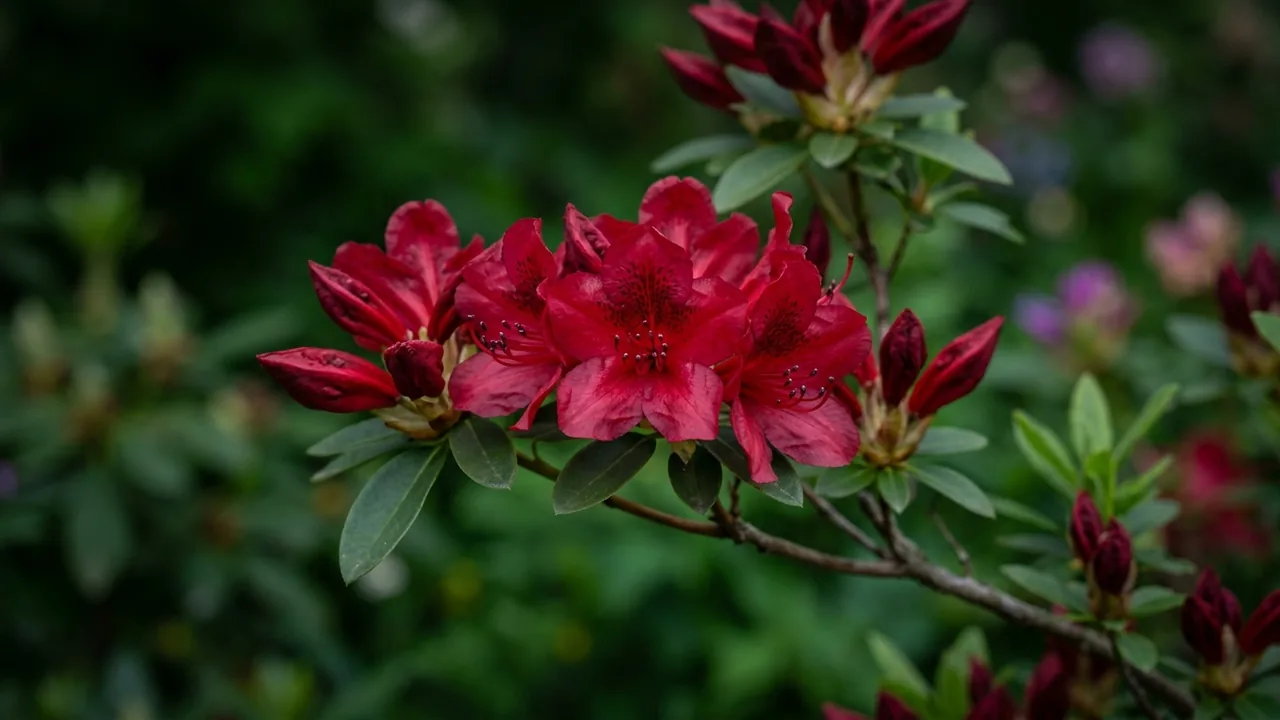 Blood Moon Rhododendron (Rhododendron 'Blood Moon') - red flowers, illustrated plant card