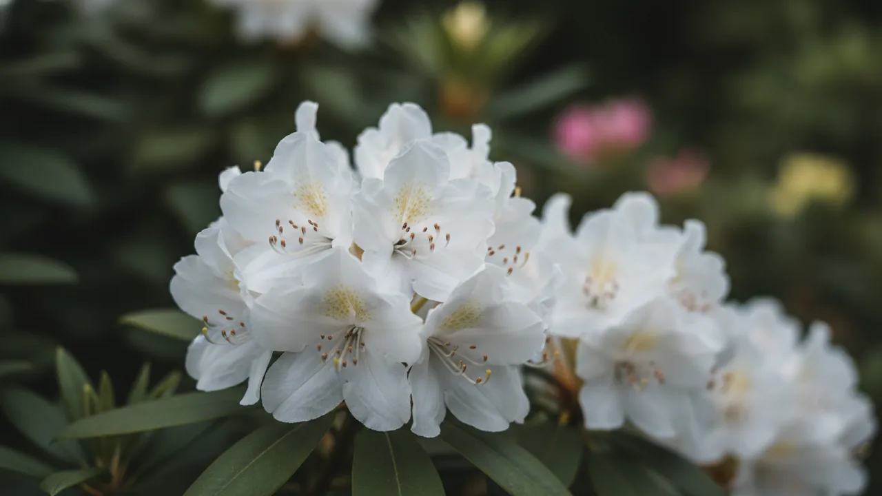 Boule de Neige (Rhododendron 'Boule de Neige') - white flowers, illustrated plant card