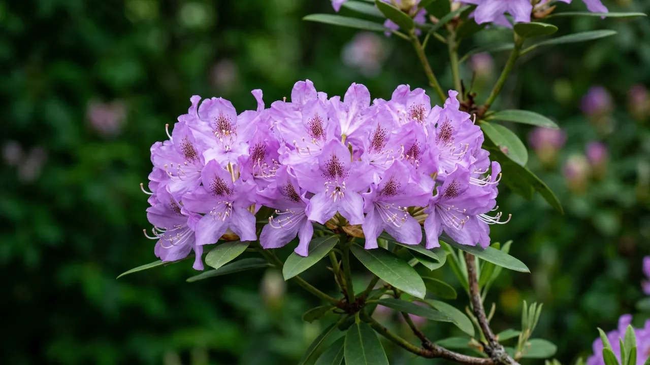Boursault Rhododendron (Rhododendron 'Catawbiense Boursault') - purple flowers, illustrated plant card