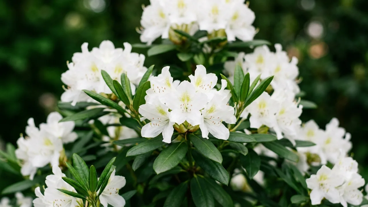Chionoides Rhododendron (Rhododendron 'Chionoides') - white flowers, illustrated plant card