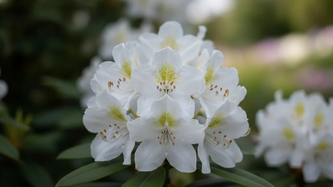 Cunningham's White (Rhododendron 'Cunningham's White') - white flowers, illustrated plant card