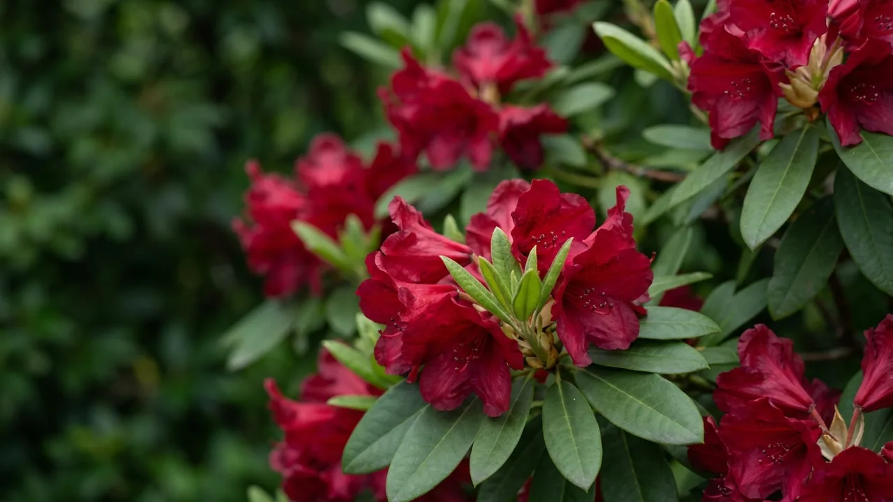 Dark Lord Rhododendron (Rhododendron 'Dark Lord') - red flowers, illustrated plant card