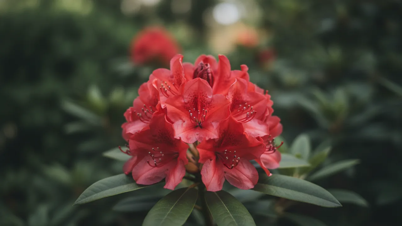 Nova Zembla (Rhododendron 'Nova Zembla') - red flowers, illustrated plant card