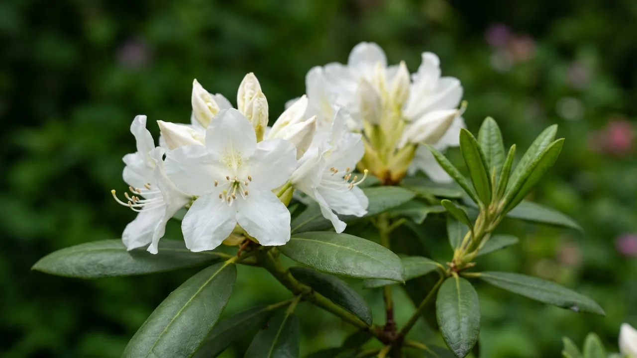 Rosebay Rhododendron (Rhododendron maximum) - white flowers, illustrated plant card