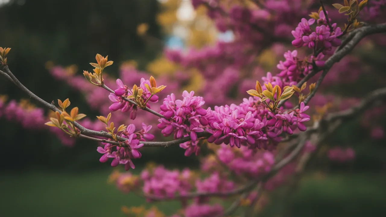 The Rising Sun (Cercis canadensis 'The Rising Sun') - pink flowers, illustrated plant card