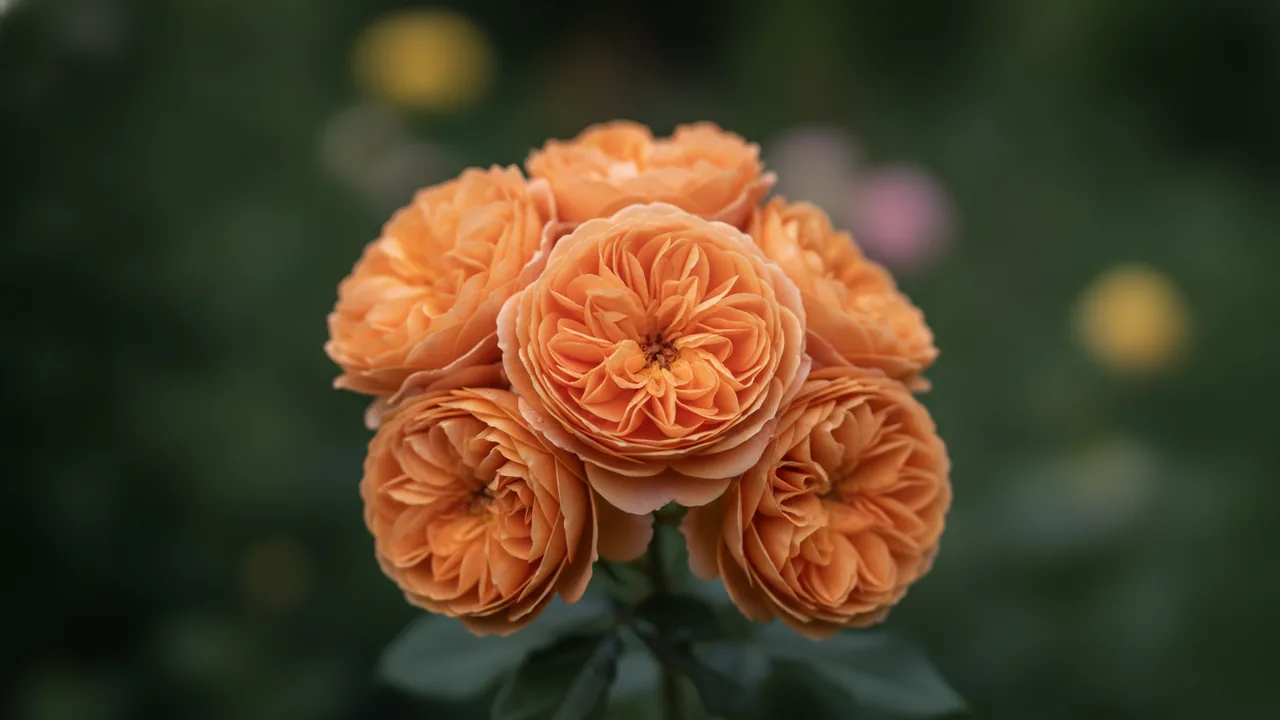 Roald Dahl (Rosa 'Ausowlish') - orange flowers, illustrated plant card
