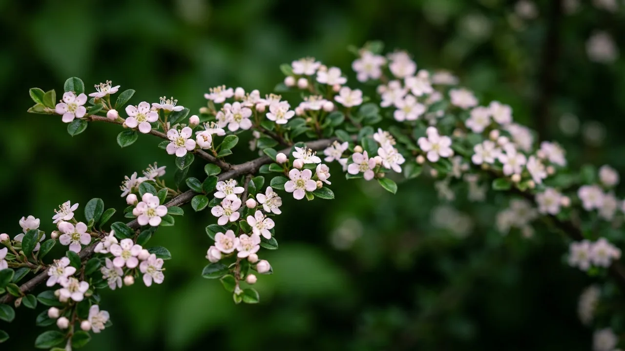 Rockspray Cotoneaster (Cotoneaster horizontalis) - pink flowers, illustrated plant card