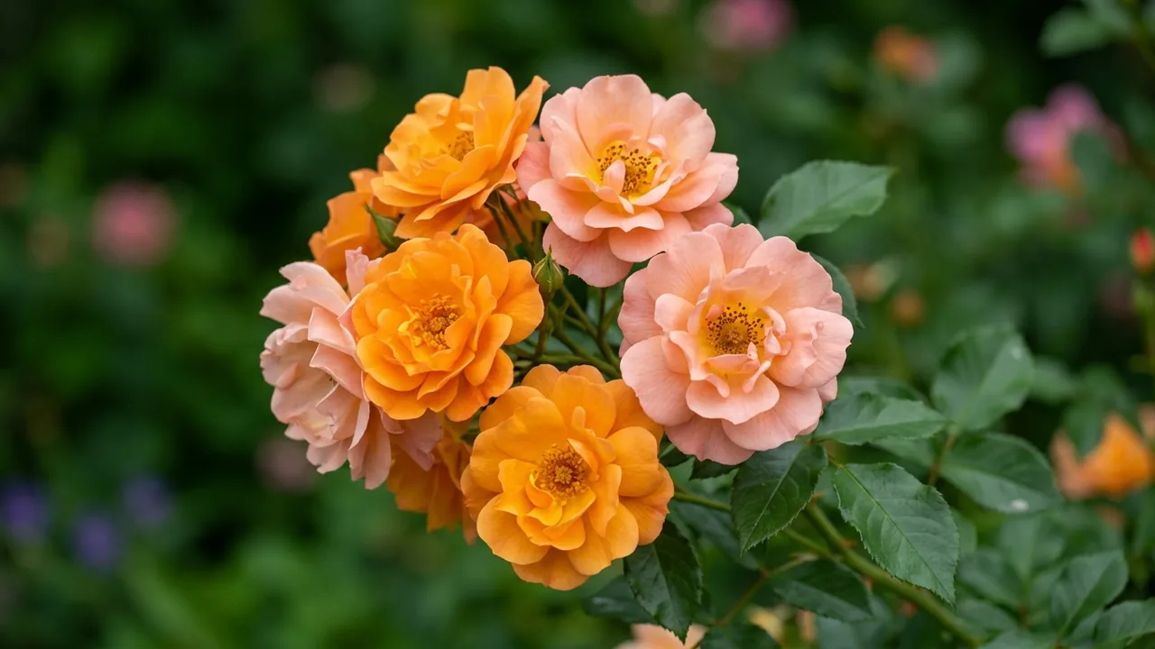 Amber Flower Carpet Rose (Rosa 'Noa97400a') - orange flowers, illustrated plant card