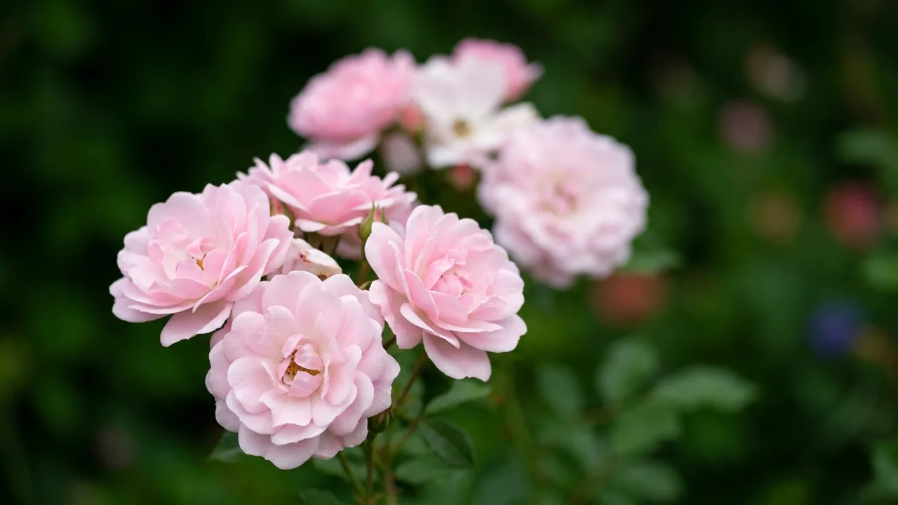 Apple Blossom Flower Carpet Rose (Rosa 'Noamel') - pink flowers, illustrated plant card