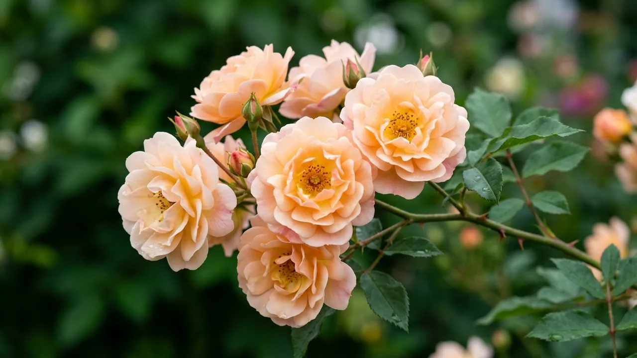 Apricot Drift Groundcover Rose (Rosa 'Meimirrote') - orange flowers, illustrated plant card
