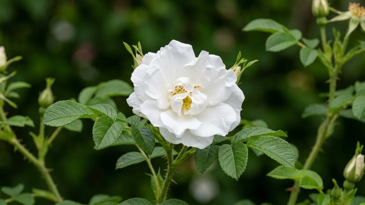 Blanc Double de Coubert Rose (Rosa 'Blanc Double de Coubert') - white flowers, illustrated plant card