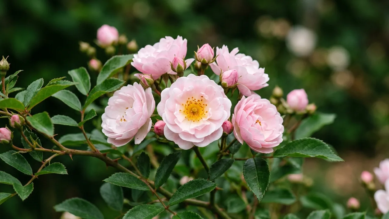 Blushing Drift Rose (Rosa 'Meifranjin') - pink flowers, illustrated plant card