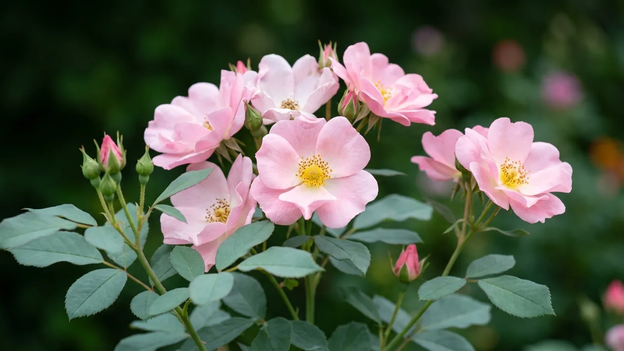 Blushing Knock Out Rose (Rosa 'Radyod') - pink flowers, illustrated plant card