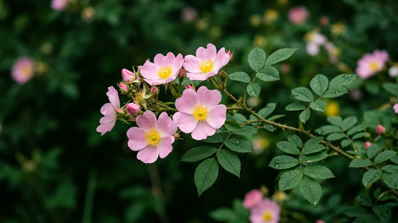 Carolina Rose (Rosa carolina) - pink flowers, illustrated plant card