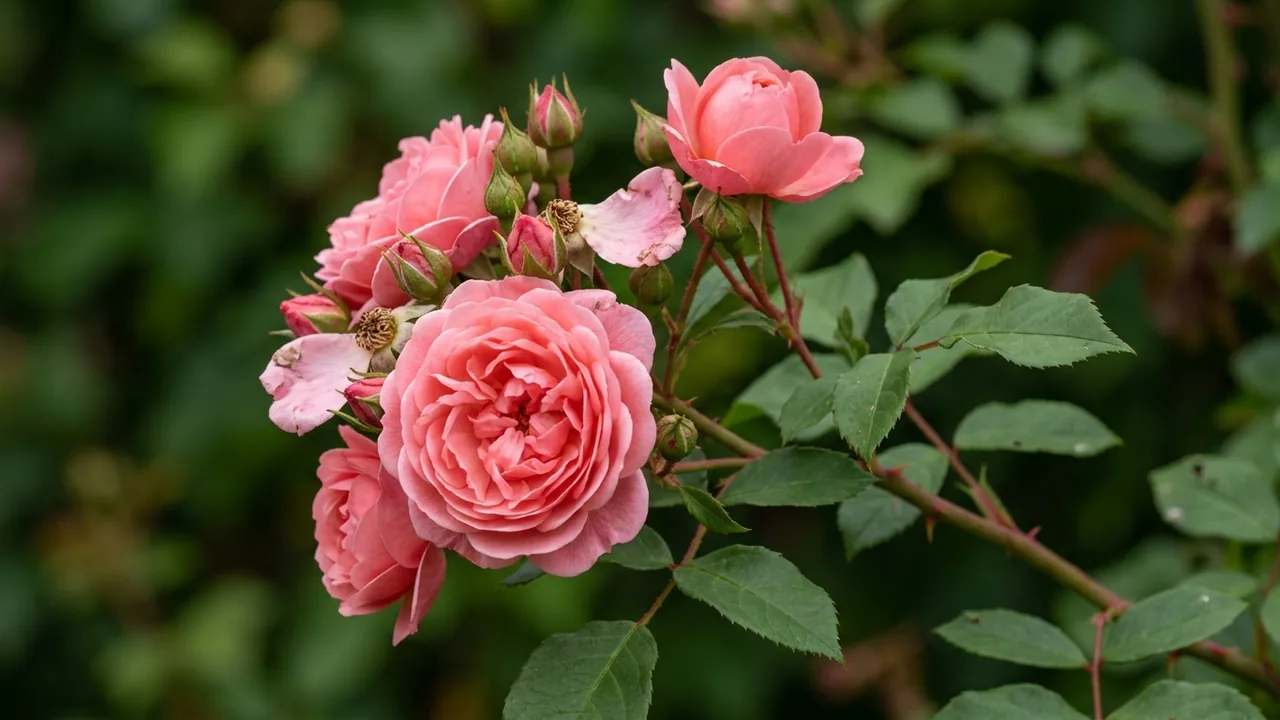 Climbing Colette Rose (Rosa 'Meiroupis') - pink flowers, illustrated plant card