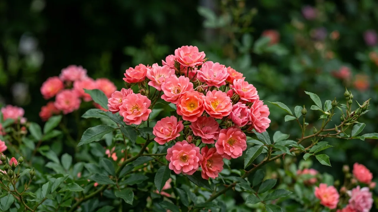 Coral Drift Groundcover Rose (Rosa 'Meidrifora') - orange flowers, illustrated plant card