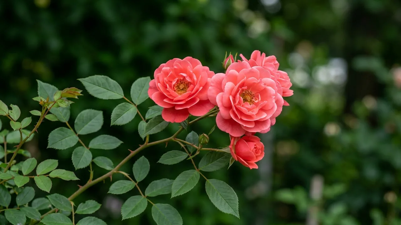Coral Flower Carpet Rose (Rosa 'Noala') - pink flowers, illustrated plant card