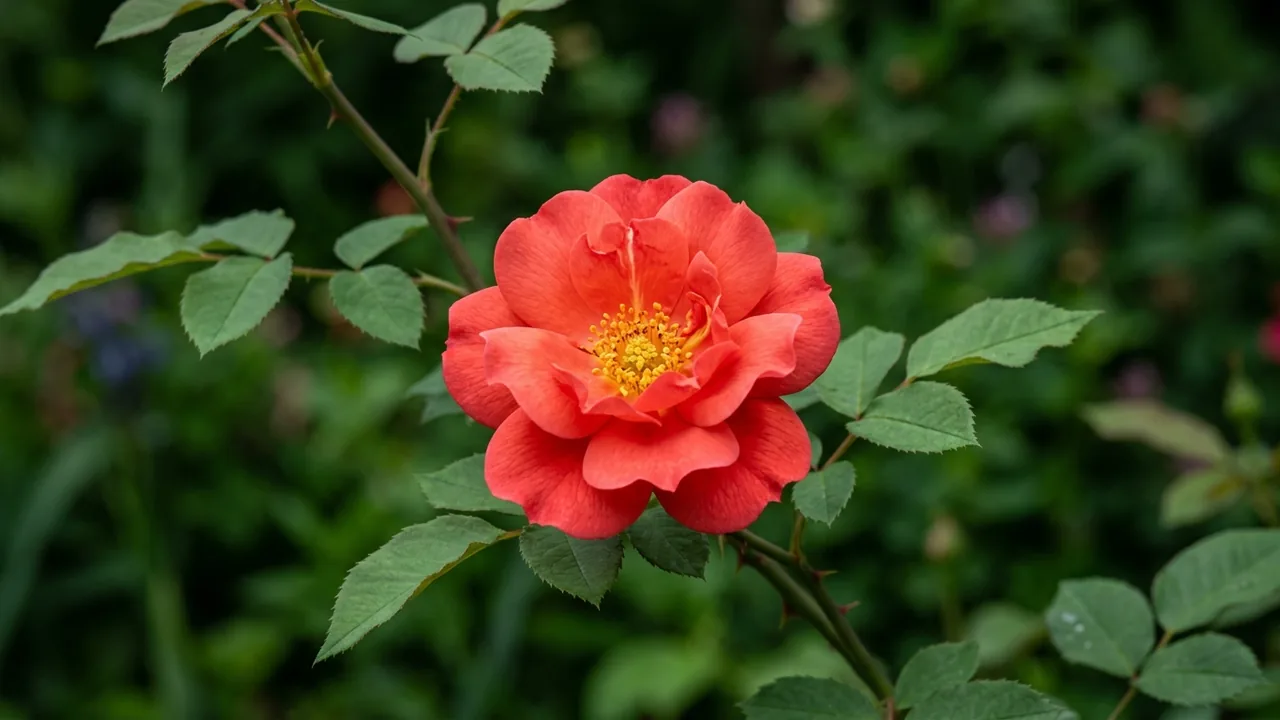 Coral Knock Out Rose (Rosa 'Radral') - orange flowers, illustrated plant card