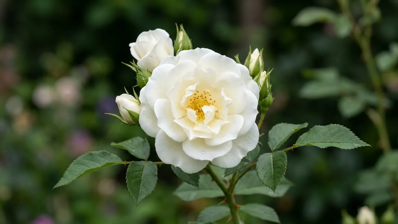 Easy Elegance Champagne Wishes Rose (Rosa 'Baicham') - white flowers, illustrated plant card
