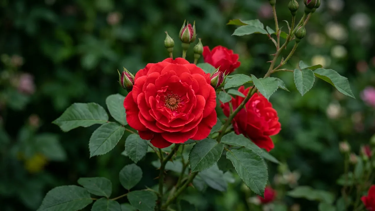 Easy Elegance Kashmir Rose (Rosa 'Baimir') - red flowers, illustrated plant card