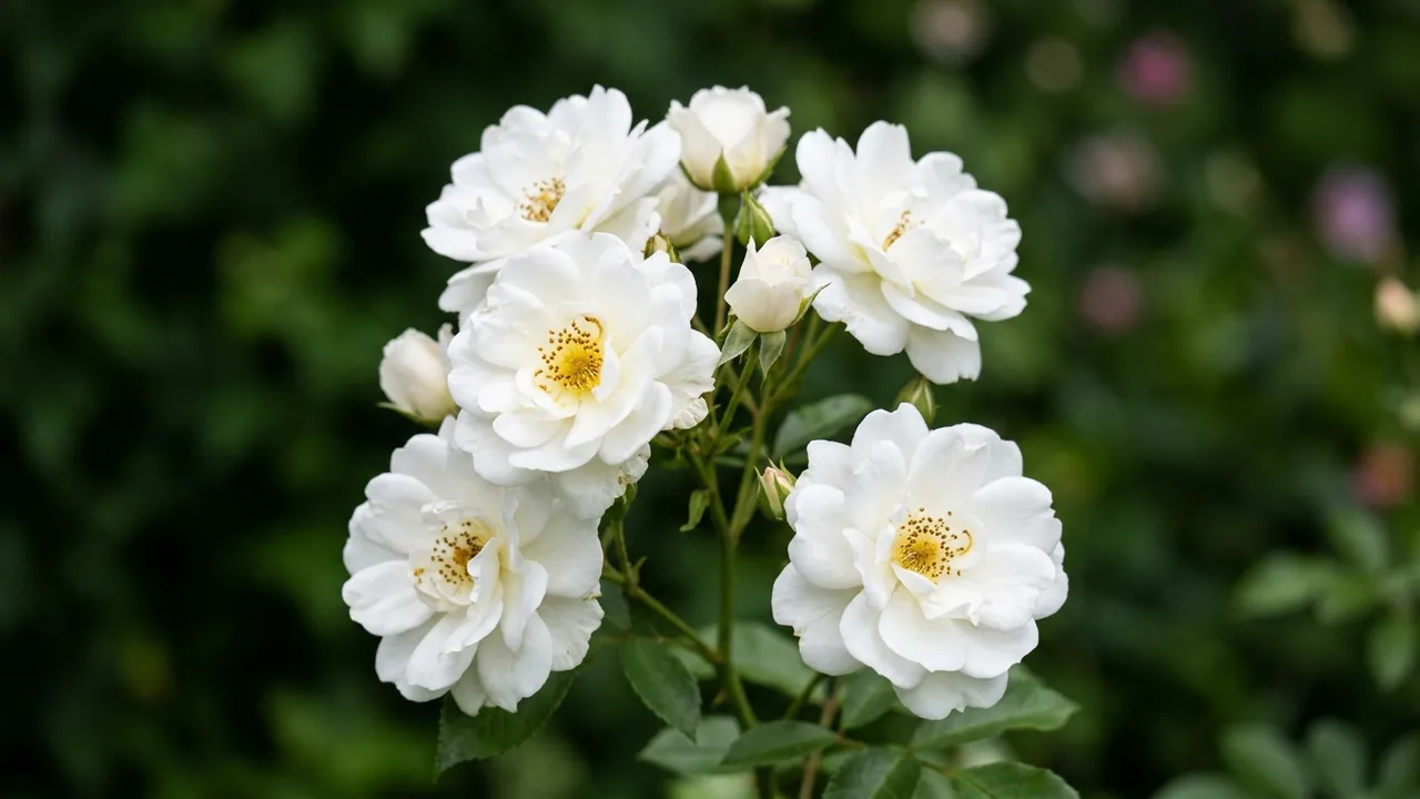 Easy Elegance Oscar Peterson Rose (Rosa 'Aac333') - white flowers, illustrated plant card