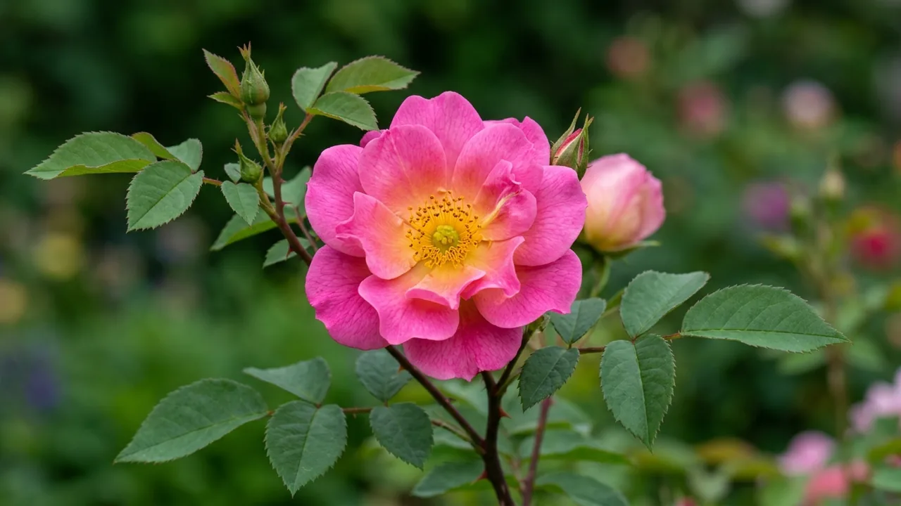 Easy Elegance Sunrise Sunset Rose (Rosa 'Baiset') - pink flowers, illustrated plant card