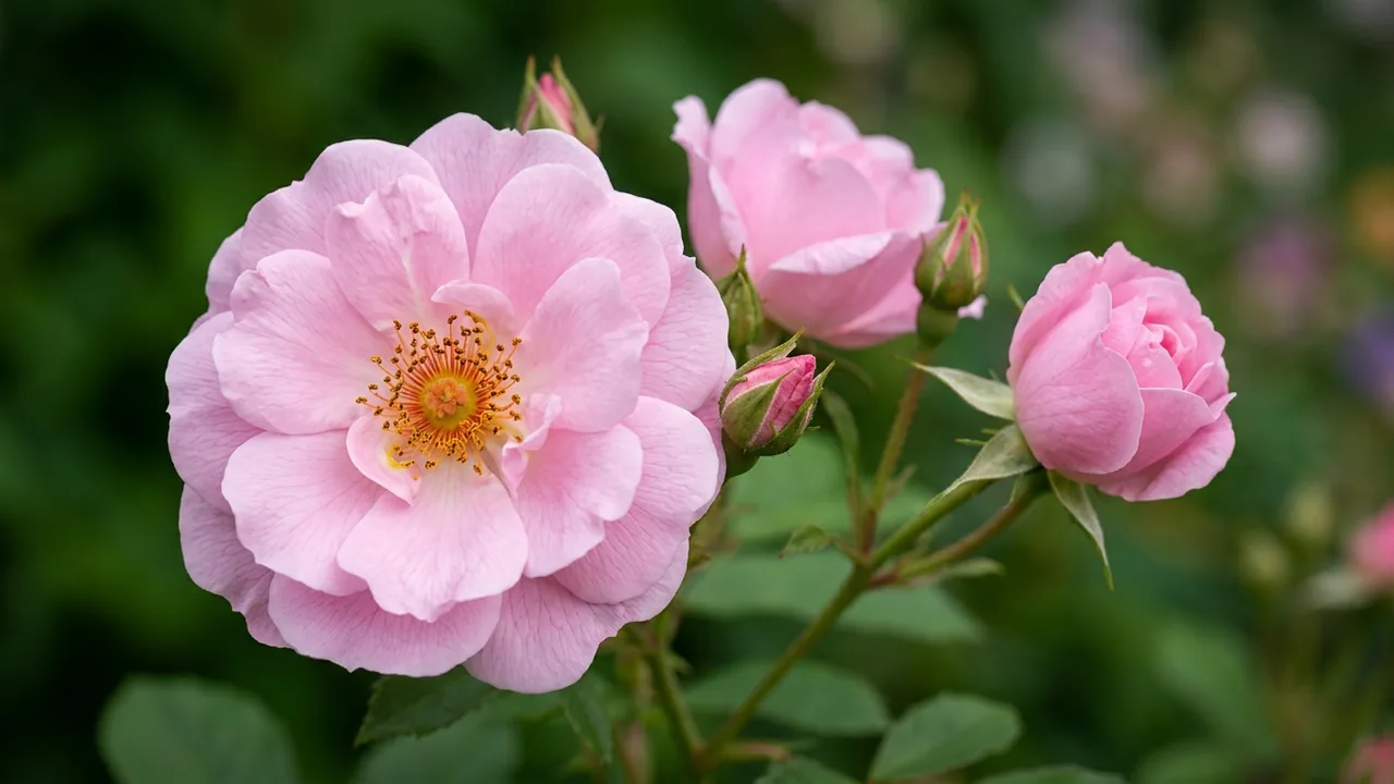 Enchanted Meadow Rose (Rosa 'Radmeadow') - pink flowers, illustrated plant card