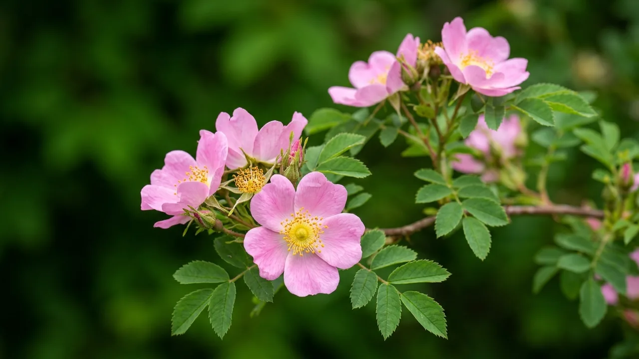 Nootka Rose (Rosa nutkana) - pink flowers, illustrated plant card
