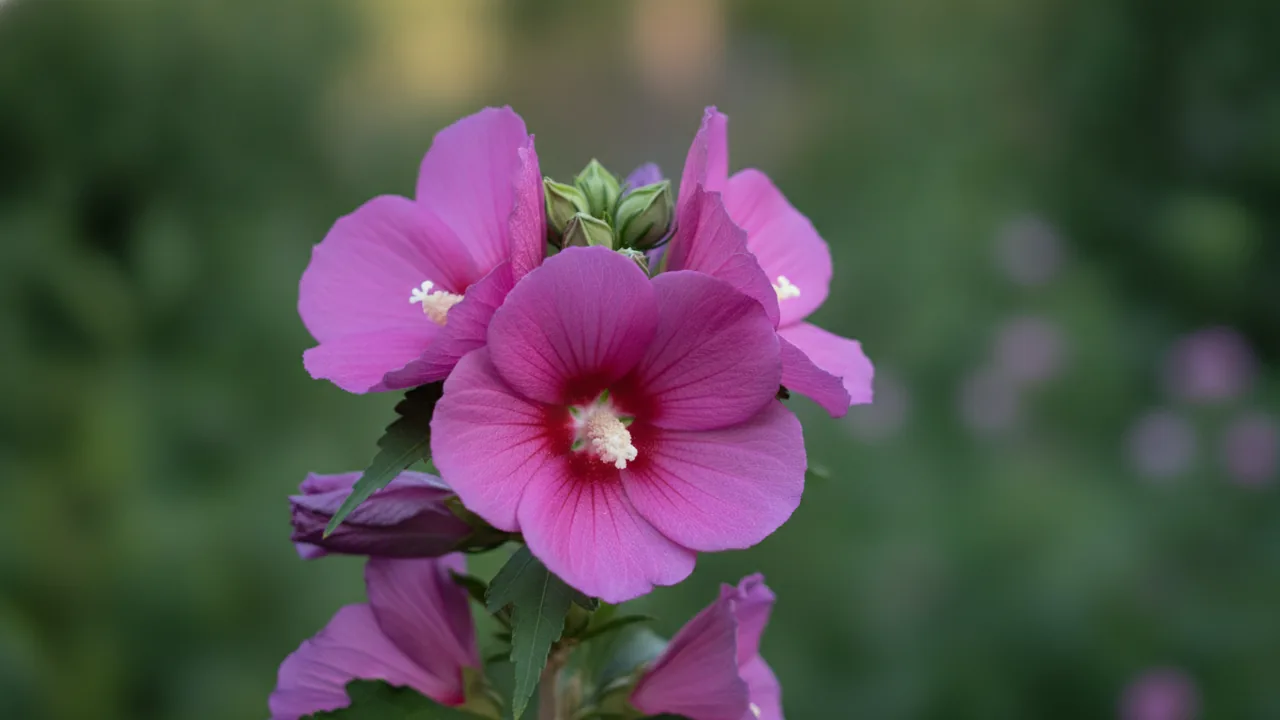 Aphrodite (Hibiscus syriacus 'Aphrodite') - pink flowers, illustrated plant card