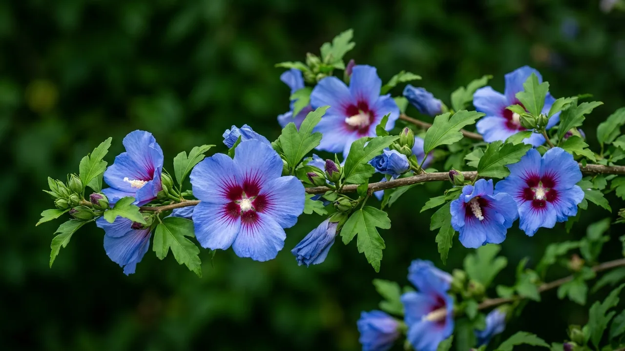 Azurri Blue Satin Rose of Sharon (Hibiscus syriacus 'DVPazurri') - blue flowers, illustrated plant card