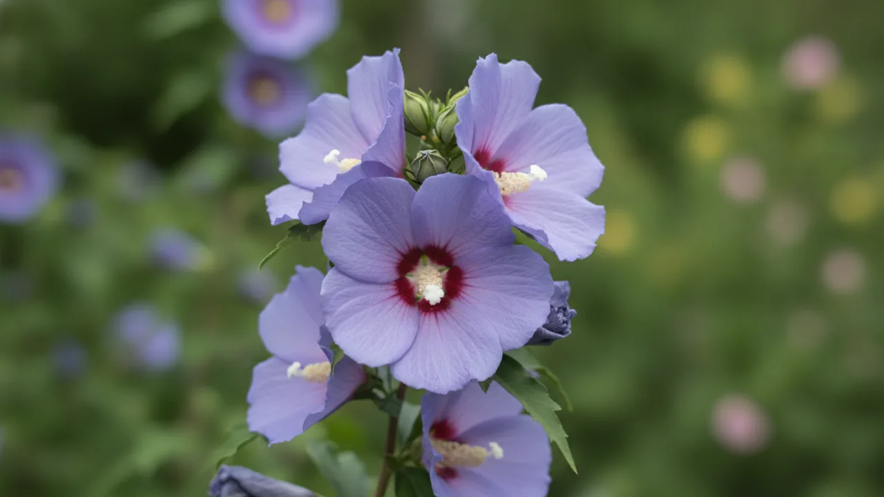 Blue Bird (Hibiscus syriacus 'Oiseau Bleu') - blue flowers, illustrated plant card