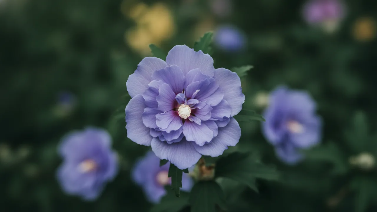 Blue Chiffon (Hibiscus syriacus 'Blue Chiffon') - blue flowers, illustrated plant card
