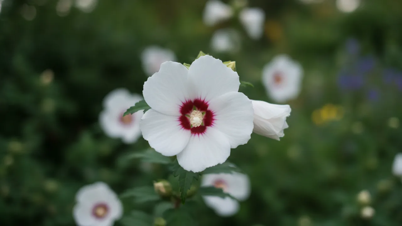 Helene (Hibiscus syriacus 'Helene') - white flowers, illustrated plant card