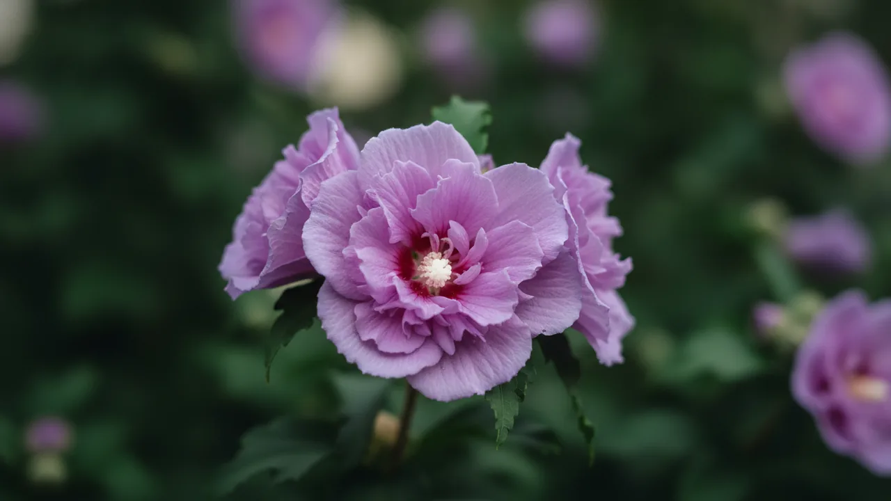 Lavender Chiffon (Hibiscus syriacus 'Lavender Chiffon') - purple flowers, illustrated plant card