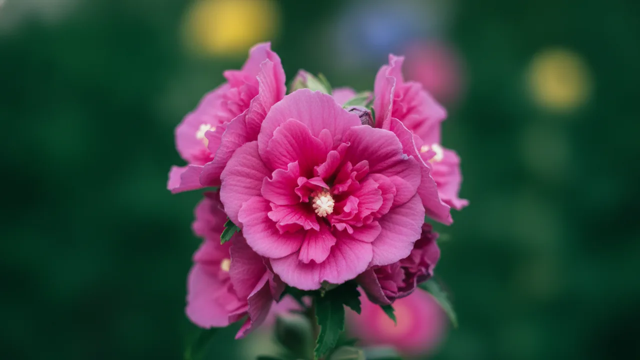 Lucy (Hibiscus syriacus 'Lucy') - red flowers, illustrated plant card