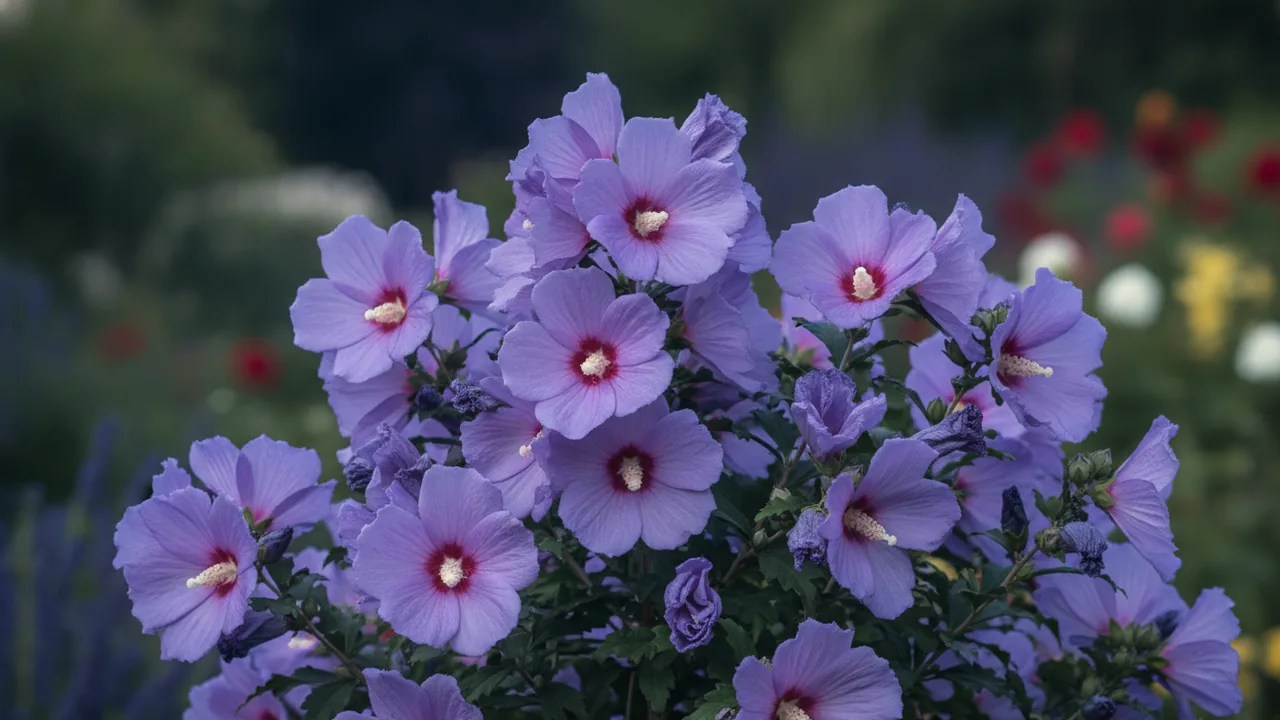 Purple Pillar (Hibiscus syriacus 'Purple Pillar') - purple flowers, illustrated plant card