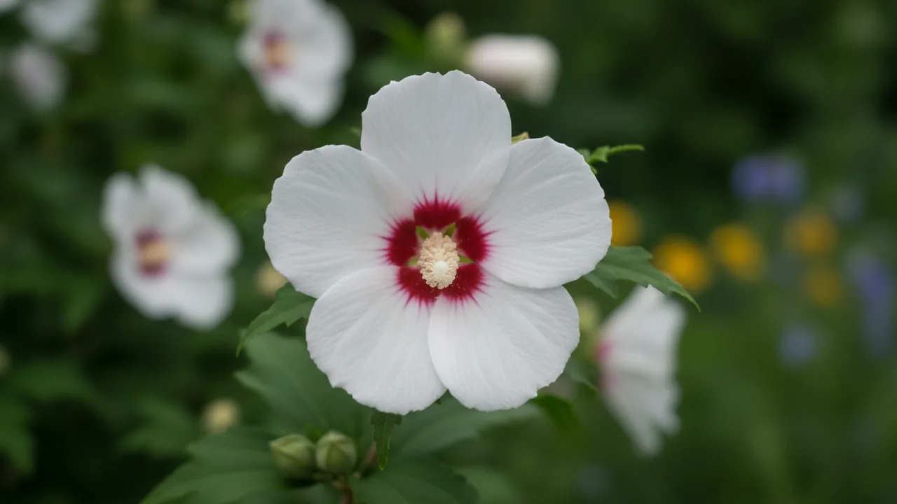Red Heart (Hibiscus syriacus 'Red Heart') - white flowers, illustrated plant card