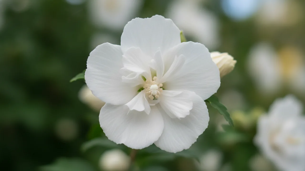 White Chiffon (Hibiscus syriacus 'White Chiffon') - white flowers, illustrated plant card